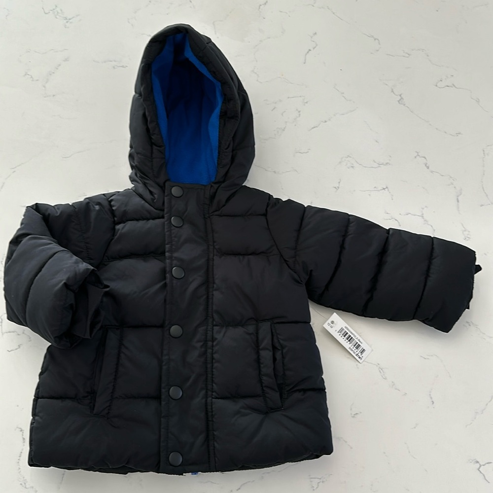 Amazon Essentials Baby Puffer Jacket 12M Black Blue Hooded Winter Coat NWT 💙🖤